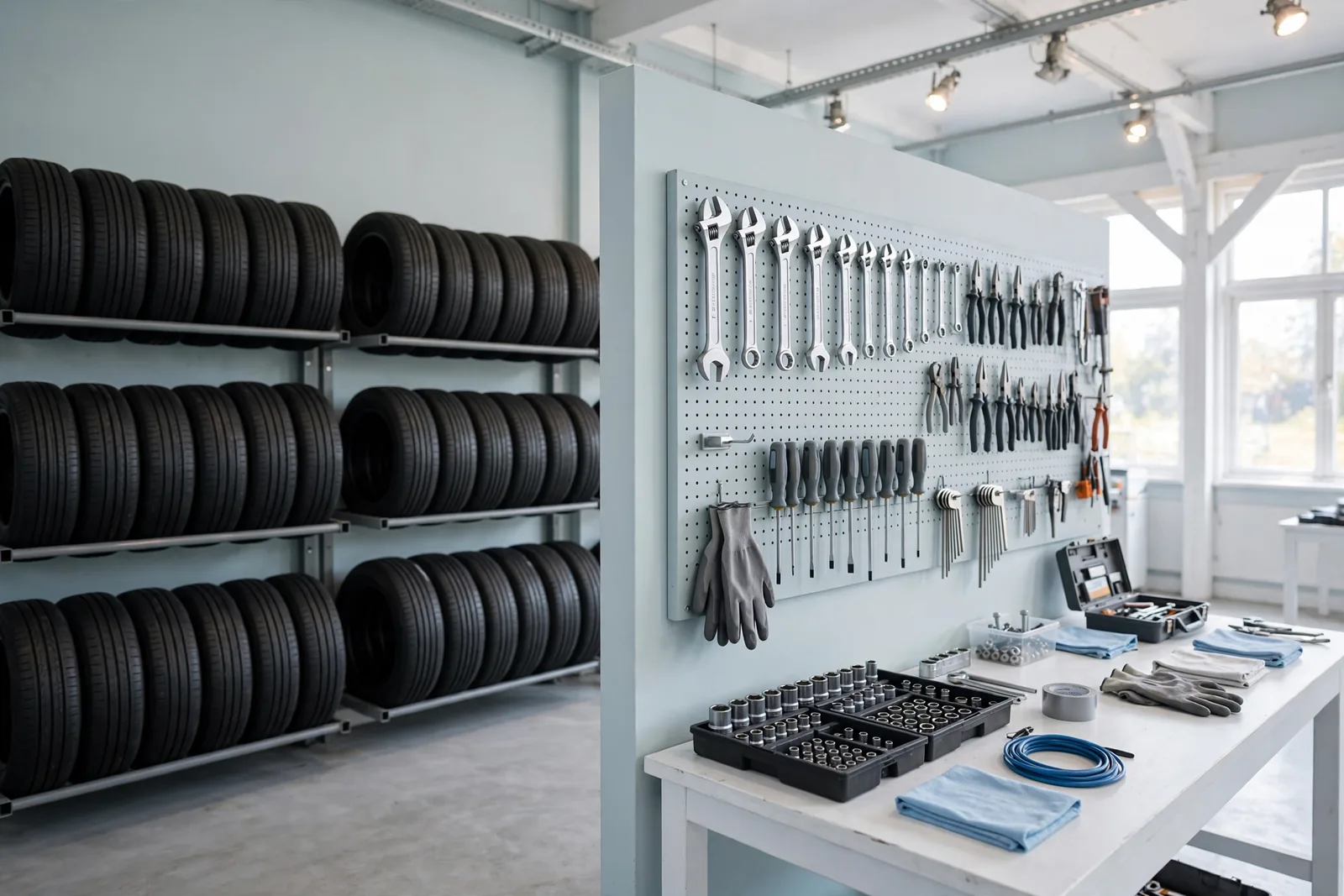 A row of tyres and tools