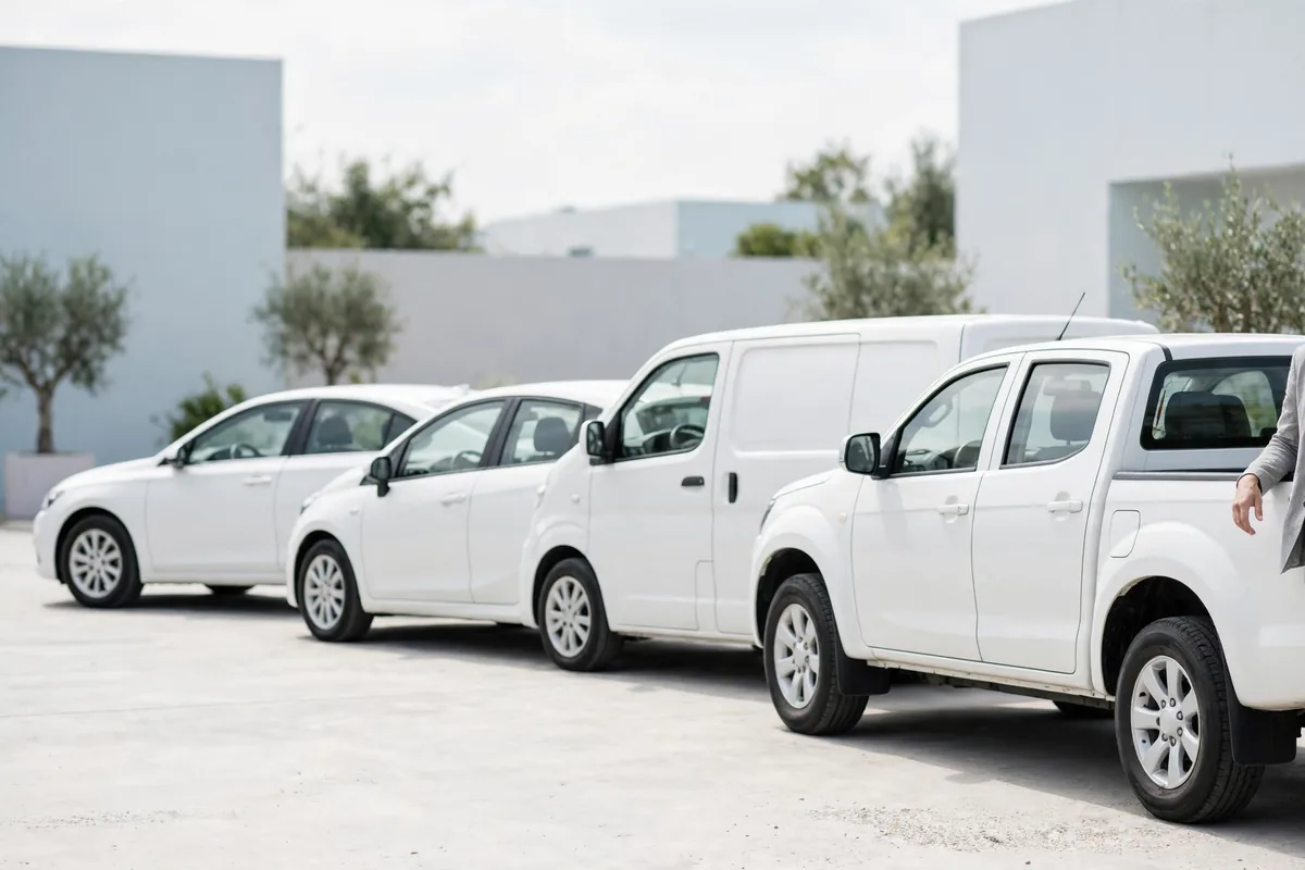 Company vehicles parked in a row