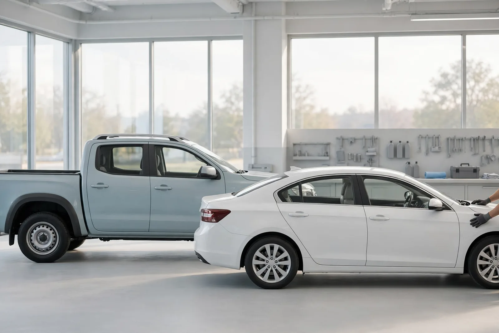 A pick-up and a sedan in a bright workshop