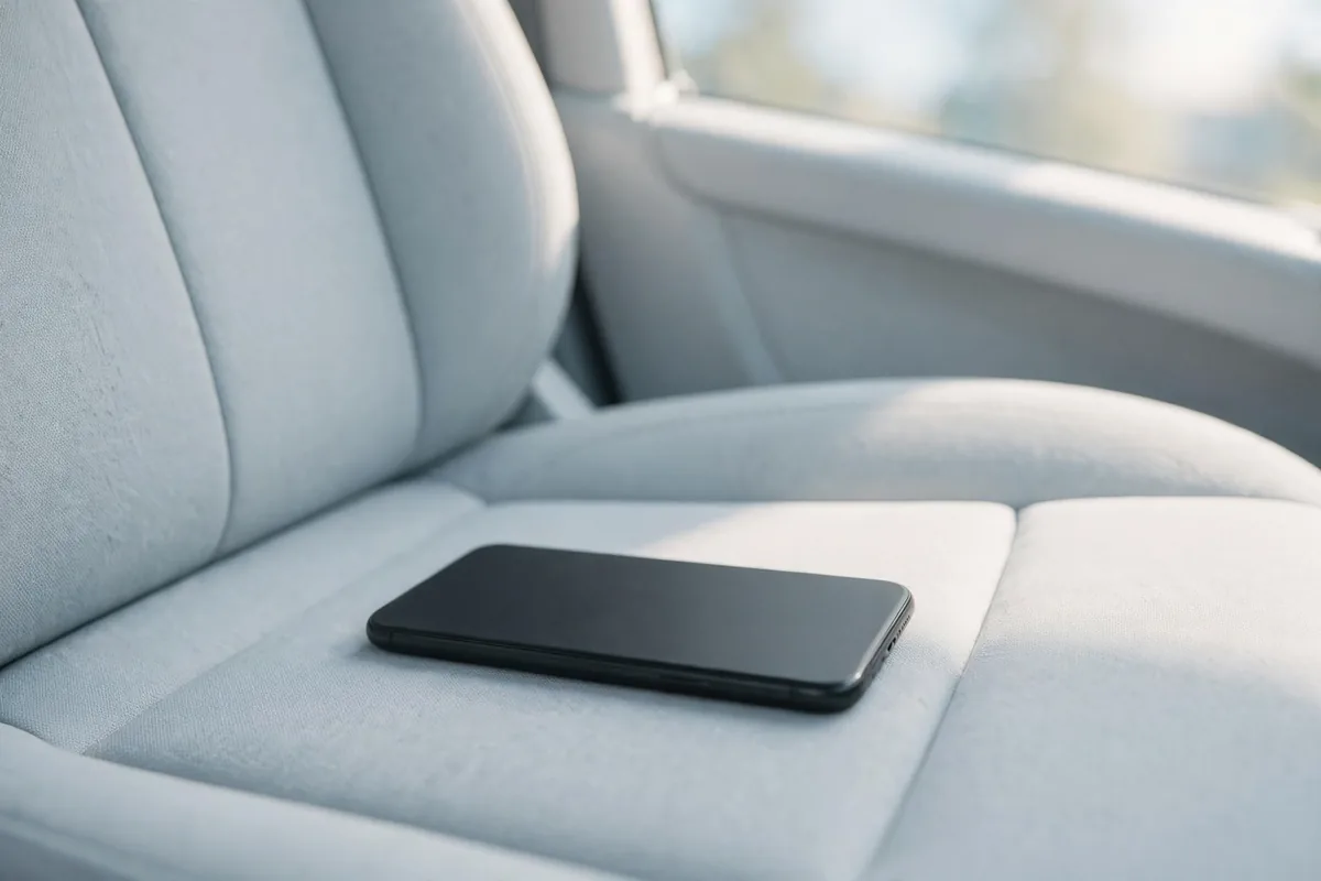 A phone face down on a car seat