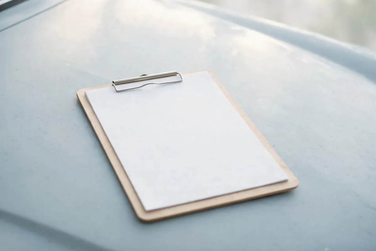 A clipboard on a car hood