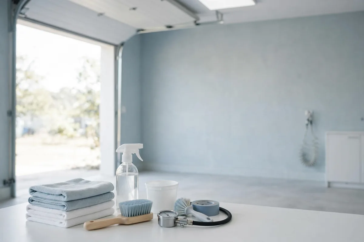 A clean garage with tidy supplies