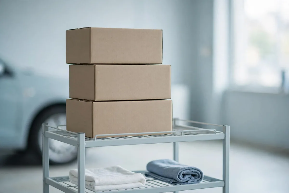 Stacked plain boxes on a shelf