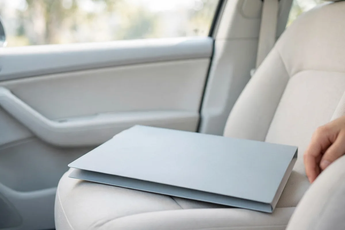 A plain document folder in a car