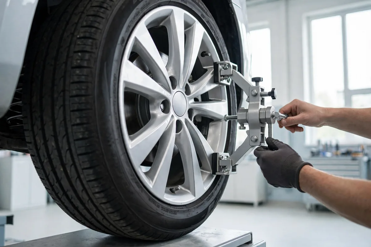 A wheel on an alignment rig